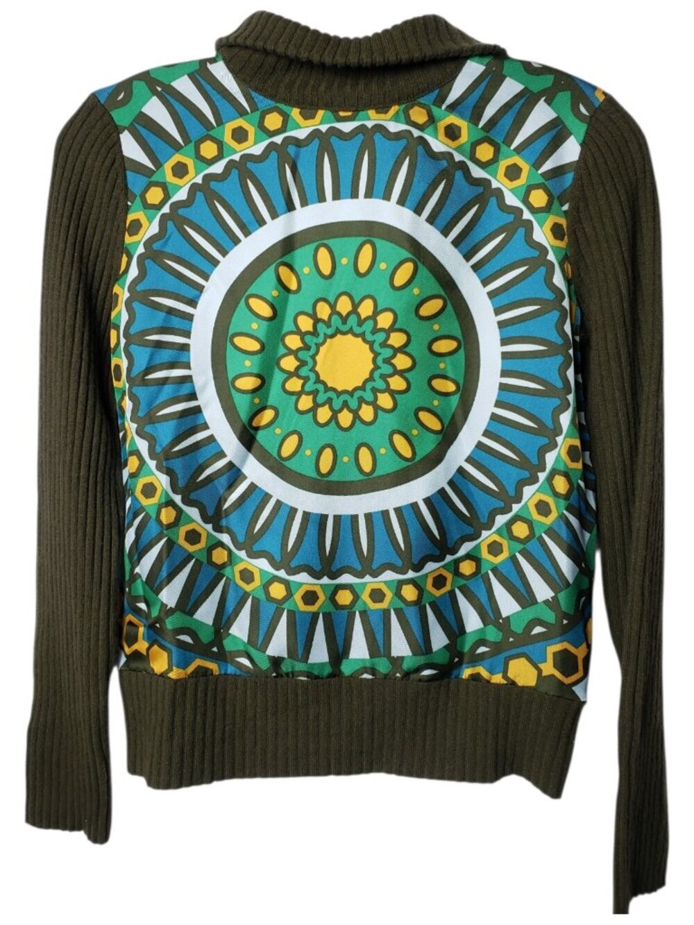 Tory Burch Womens Olive Green Half-Zip Sweater W/Vibrant Mandala Xsmalll - Picture 10 of 11